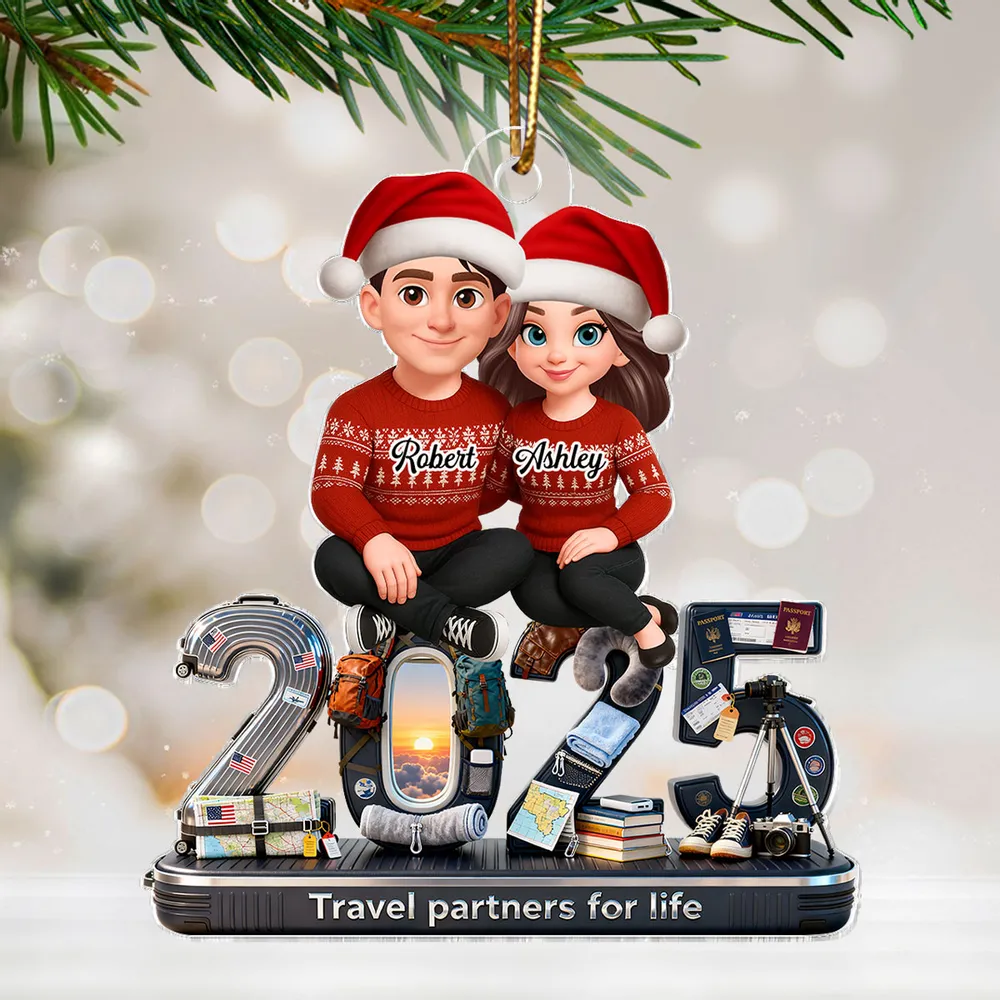 3D Effect Couple Travel Partners For Life Signature Symbols Christmas - Personalized Acrylic Ornament - Gift For Traveling Couple, Gift For Him, For Her