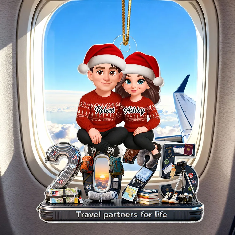 3D Effect Couple Travel Partners For Life Signature Symbols Christmas - Personalized Acrylic Ornament - Gift For Traveling Couple, Gift For Him, For Her