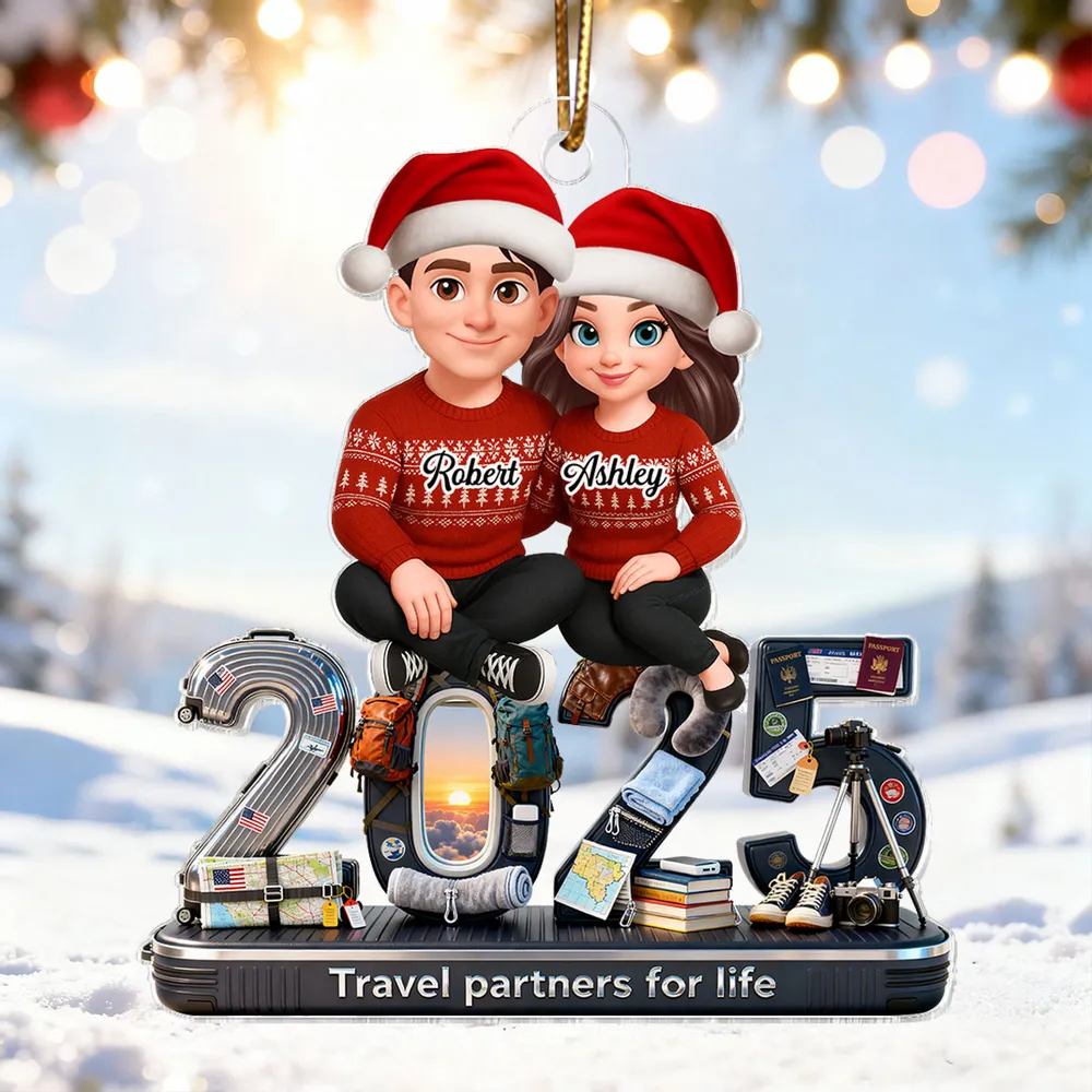3D Effect Couple Travel Partners For Life Signature Symbols Christmas - Personalized Acrylic Ornament - Gift For Traveling Couple, Gift For Him, For Her