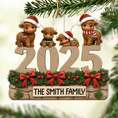 3D Effect Christmas Highland Cows Family Dad Mom Kids - Personalized Acrylic Ornament - Gift For Family