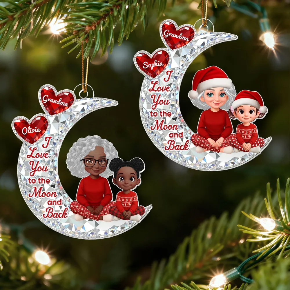 3D Effect Flat Grandma Grandkid On Moon - Personalized Acrylic Ornament - Gift For All Grandkids