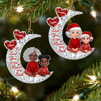 3D Effect Flat Grandma Grandkid On Moon - Personalized Acrylic Ornament - Gift For All Grandkids