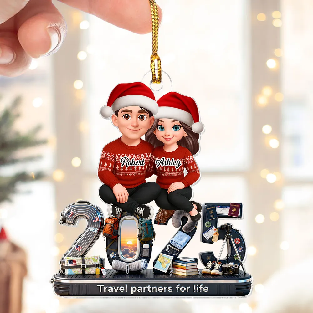 3D Effect Couple Travel Partners For Life Signature Symbols Christmas - Personalized Acrylic Ornament - Gift For Traveling Couple, Gift For Him, For Her