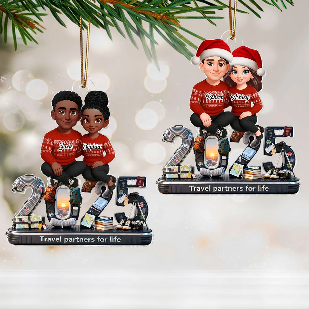 3D Effect Couple Travel Partners For Life Signature Symbols Christmas - Personalized Acrylic Ornament - Gift For Traveling Couple, Gift For Him, For Her