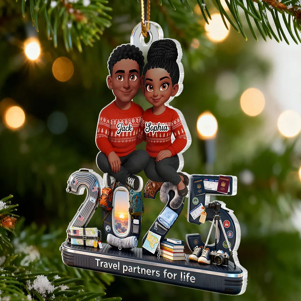 3D Effect Couple Travel Partners For Life Signature Symbols Christmas - Personalized Acrylic Ornament - Gift For Traveling Couple, Gift For Him, For Her