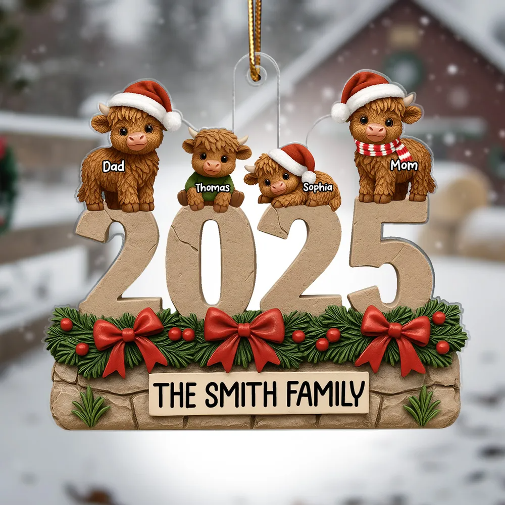 3D Effect Christmas Highland Cows Family Dad Mom Kids - Personalized Acrylic Ornament - Gift For Family