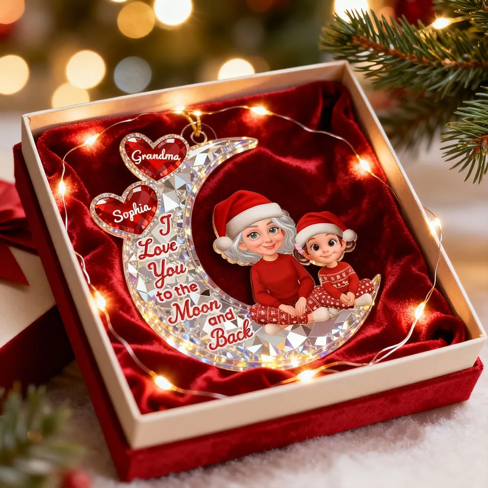 3D Effect Flat Grandma Grandkid On Moon - Personalized Acrylic Ornament - Gift For All Grandkids