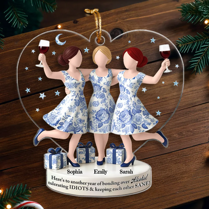 3D Effect Toile De Jouy Pattern We'll Friends Until Old & Senile - Personalized Acrylic Ornament - Gift For Besties, Best Friends