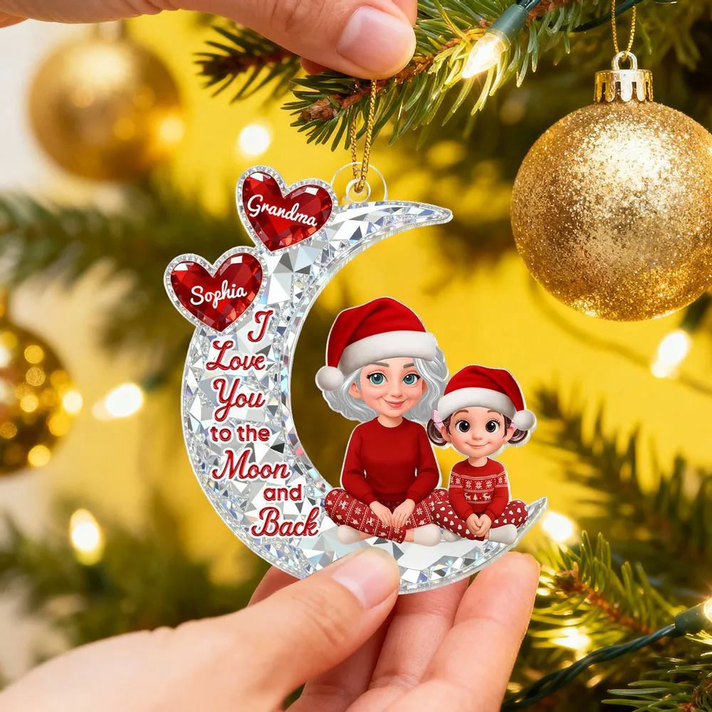 3D Effect Flat Grandma Grandkid On Moon - Personalized Acrylic Ornament - Gift For All Grandkids