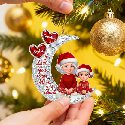 3D Effect Flat Grandma Grandkid On Moon - Personalized Acrylic Ornament - Gift For All Grandkids