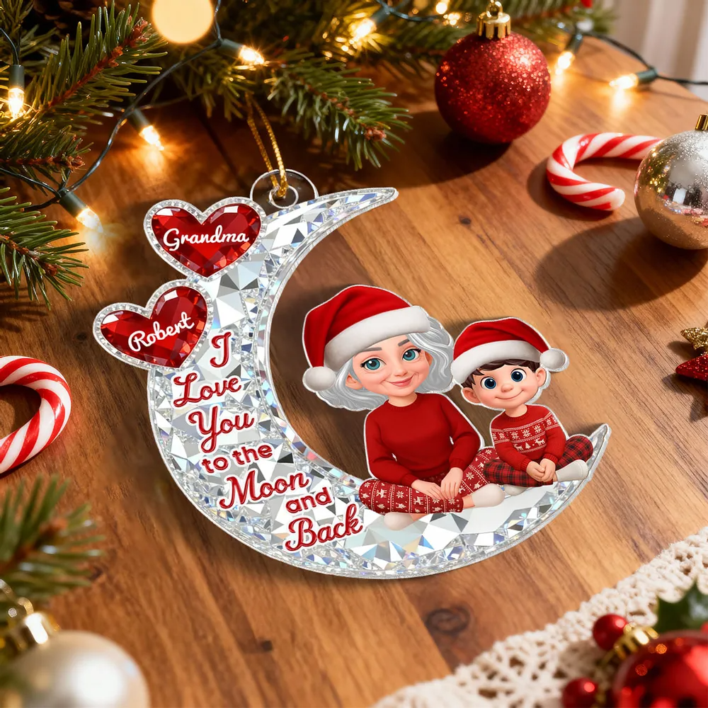 3D Effect Flat Grandma Grandkid On Moon - Personalized Acrylic Ornament - Gift For All Grandkids