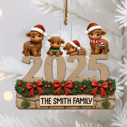 3D Effect Christmas Highland Cows Family Dad Mom Kids - Personalized Acrylic Ornament - Gift For Family