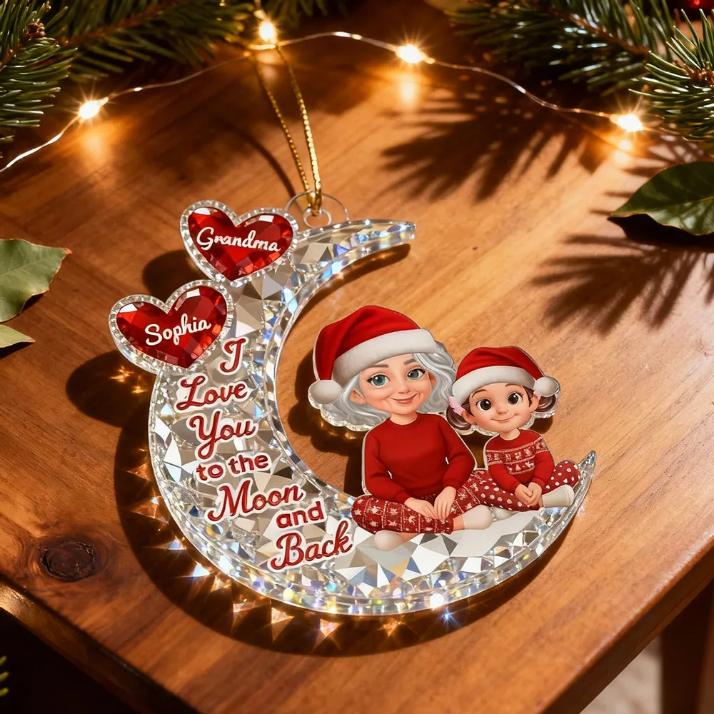 3D Effect Flat Grandma Grandkid On Moon - Personalized Acrylic Ornament - Gift For All Grandkids