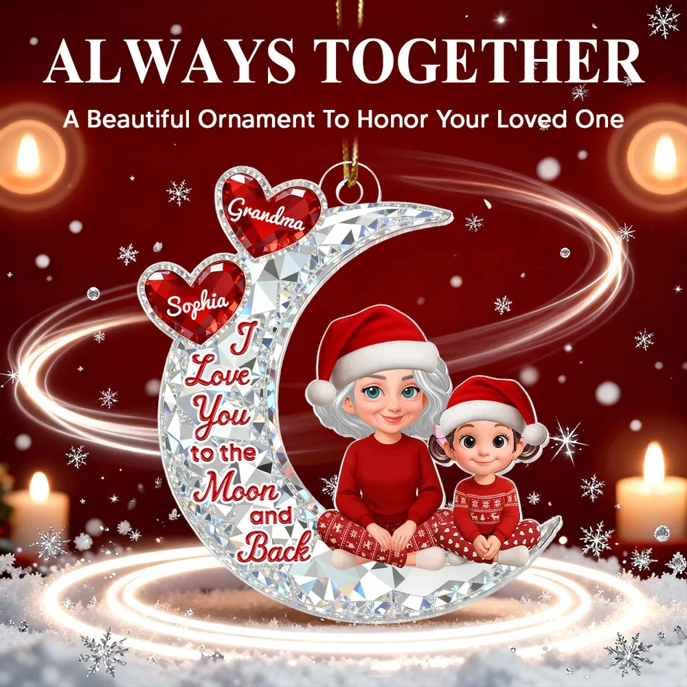3D Effect Flat Grandma Grandkid On Moon - Personalized Acrylic Ornament - Gift For All Grandkids