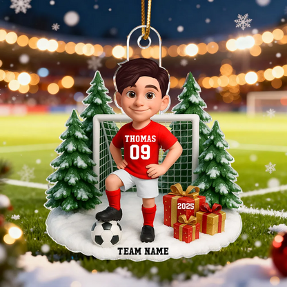 3D Effect Christmas Soccer Player - Personalized Acrylic Ornament - Gift For Soccer Players, School Soccer Team