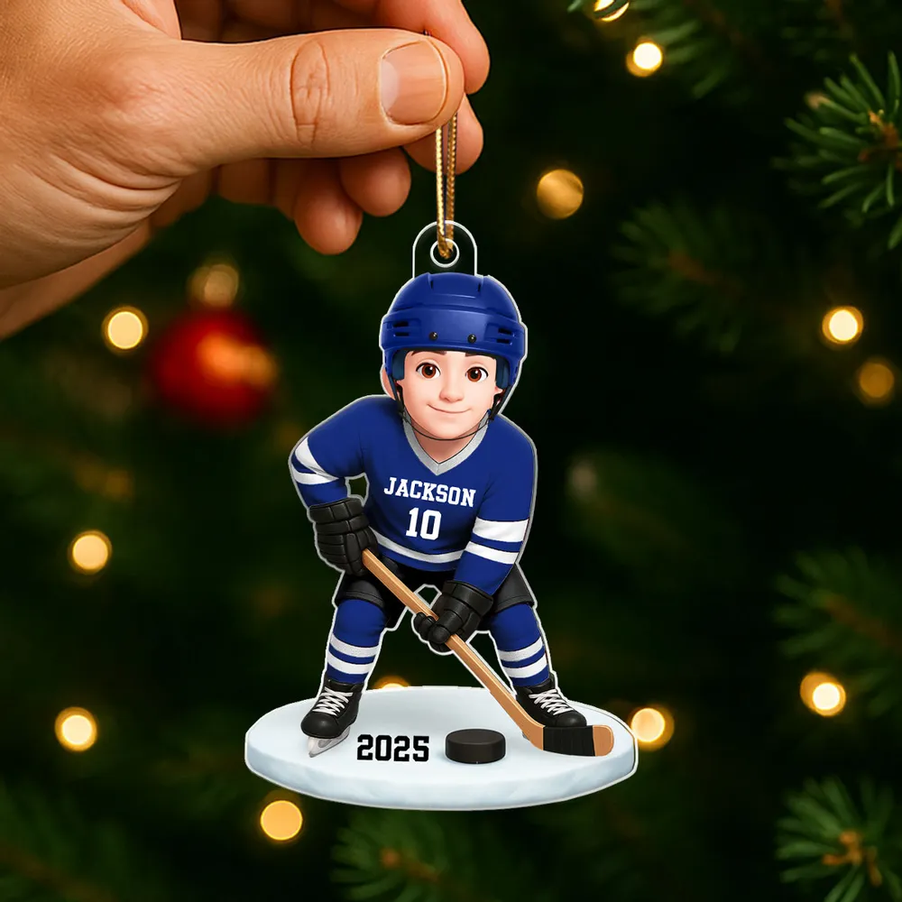 3D Effect Hockey Girl Boy - Personalized Acrylic Ornament - Christmas Gift for Daughter Son