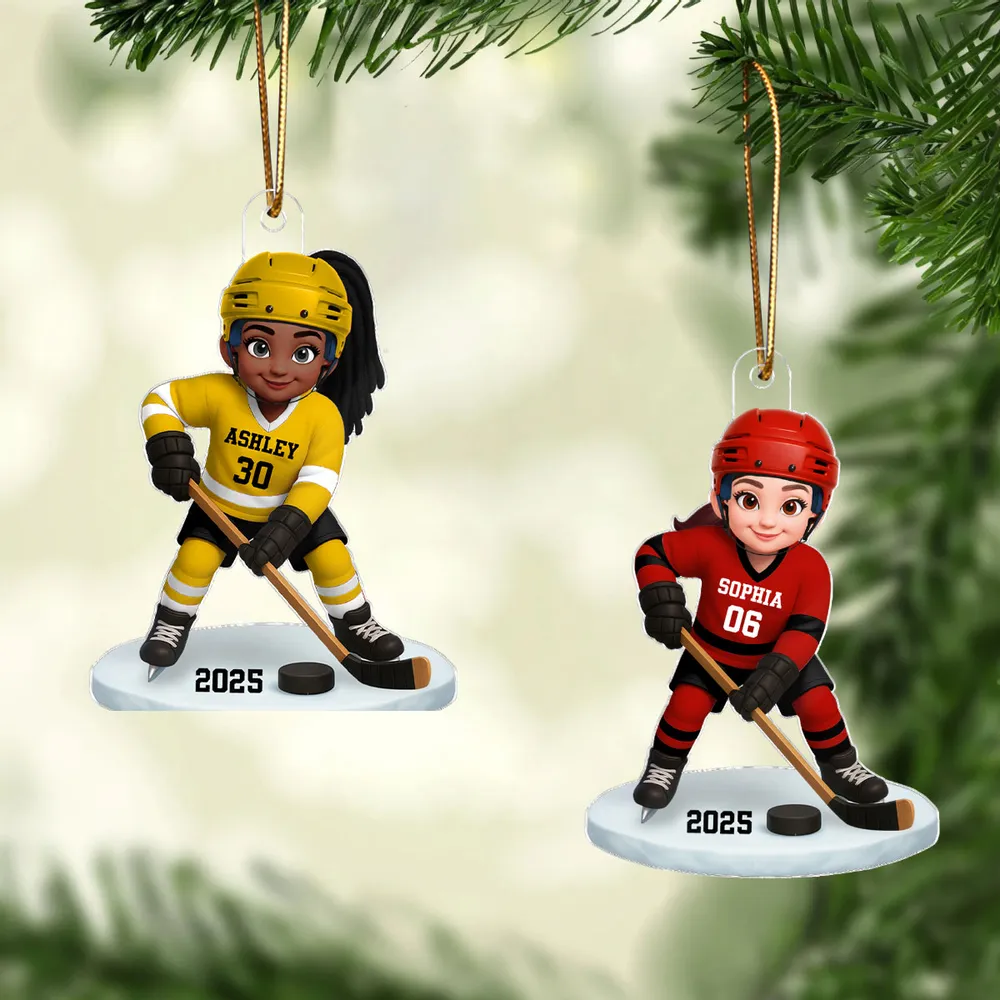 3D Effect Hockey Girl Boy - Personalized Acrylic Ornament - Christmas Gift for Daughter Son