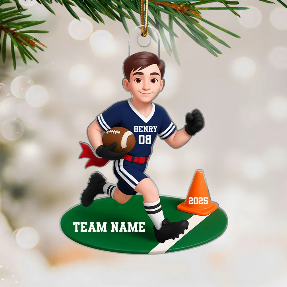 3D Effect Boy Girl Flag Football - Personalized Acrylic Ornament - Christmas Gift for Daughter Son
