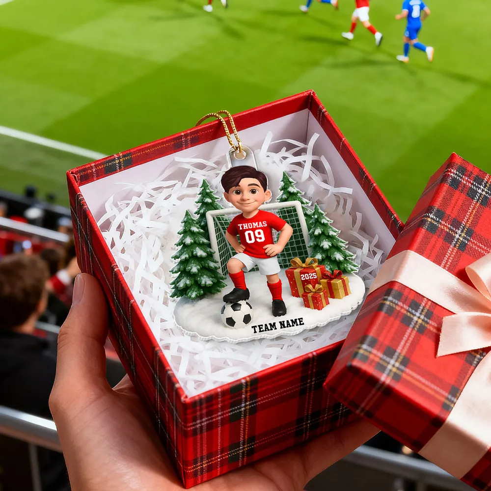 3D Effect Christmas Soccer Player - Personalized Acrylic Ornament - Gift For Soccer Players, School Soccer Team