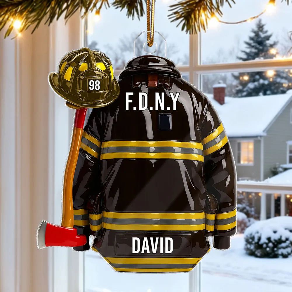 3D Effect Firefighter Coat, Helmet & Axe - Personalized Acrylic Ornament - Christmas Gift For Firefighter