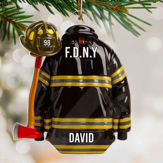 3D Effect Firefighter Coat, Helmet & Axe - Personalized Acrylic Ornament - Christmas Gift For Firefighter