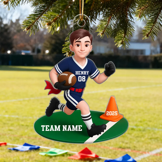 3D Effect Boy Girl Flag Football - Personalized Acrylic Ornament - Christmas Gift for Daughter Son