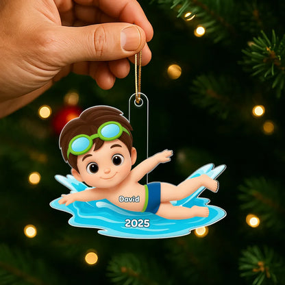 Swimming Boy Girl 3D Effect - Personalized Acrylic Ornament - Christmas Gift for Son Daughter Grandson Granddaughter