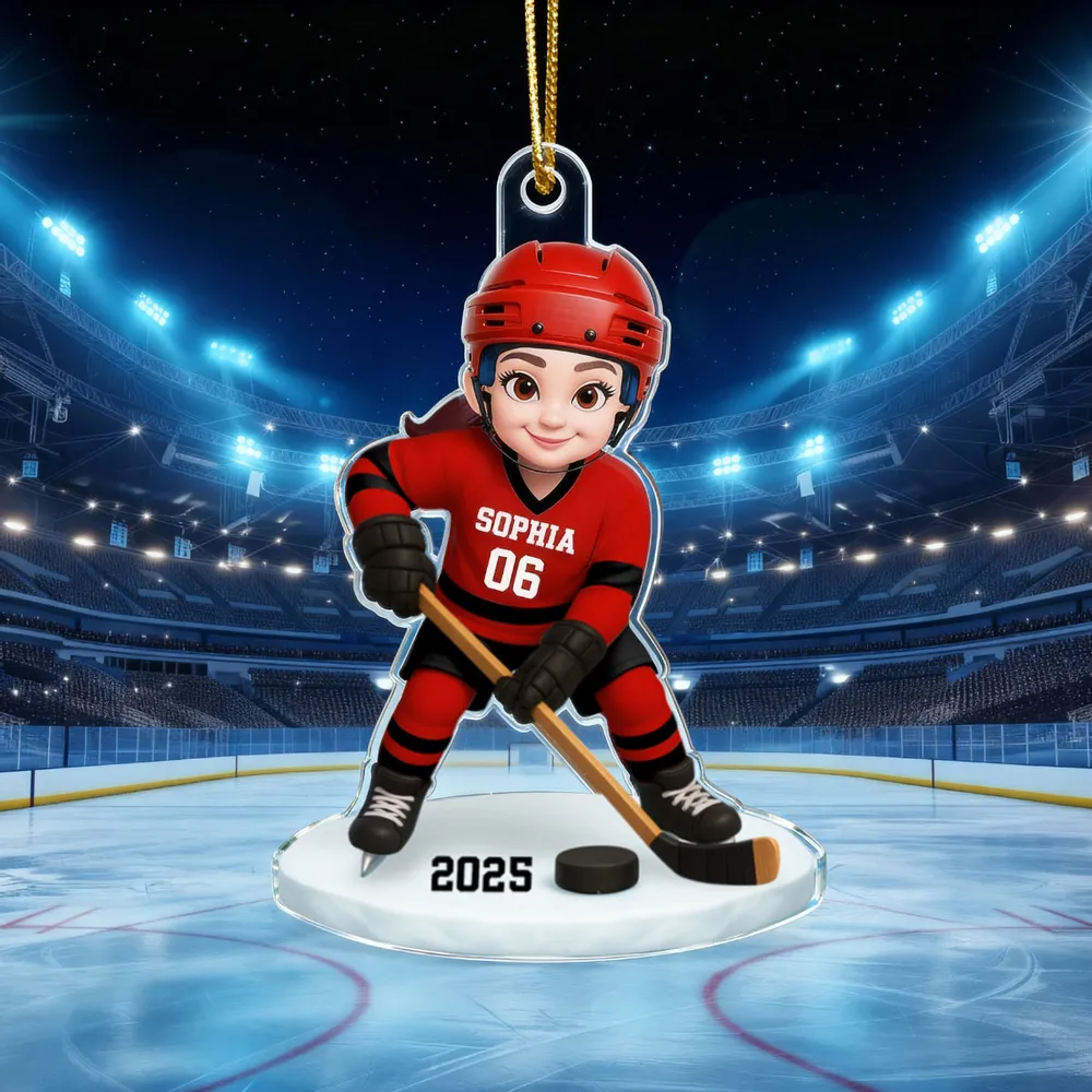 3D Effect Hockey Girl Boy - Personalized Acrylic Ornament - Christmas Gift for Daughter Son