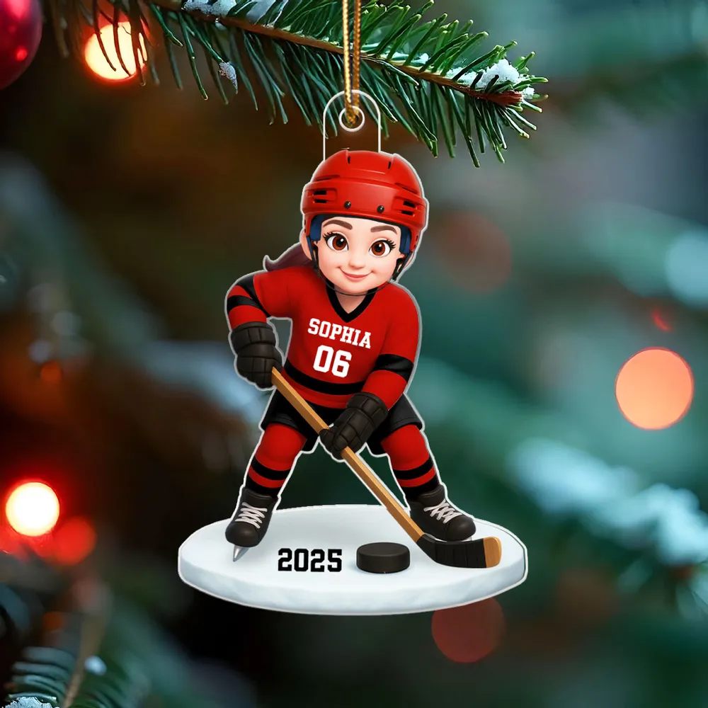 3D Effect Hockey Girl Boy - Personalized Acrylic Ornament - Christmas Gift for Daughter Son