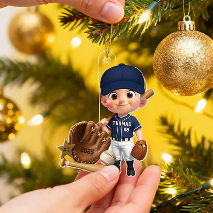 Baseball Player With Baseball Mitt Bat Ball - Personalized Acrylic Ornament - Gift For Kids, Grandkids