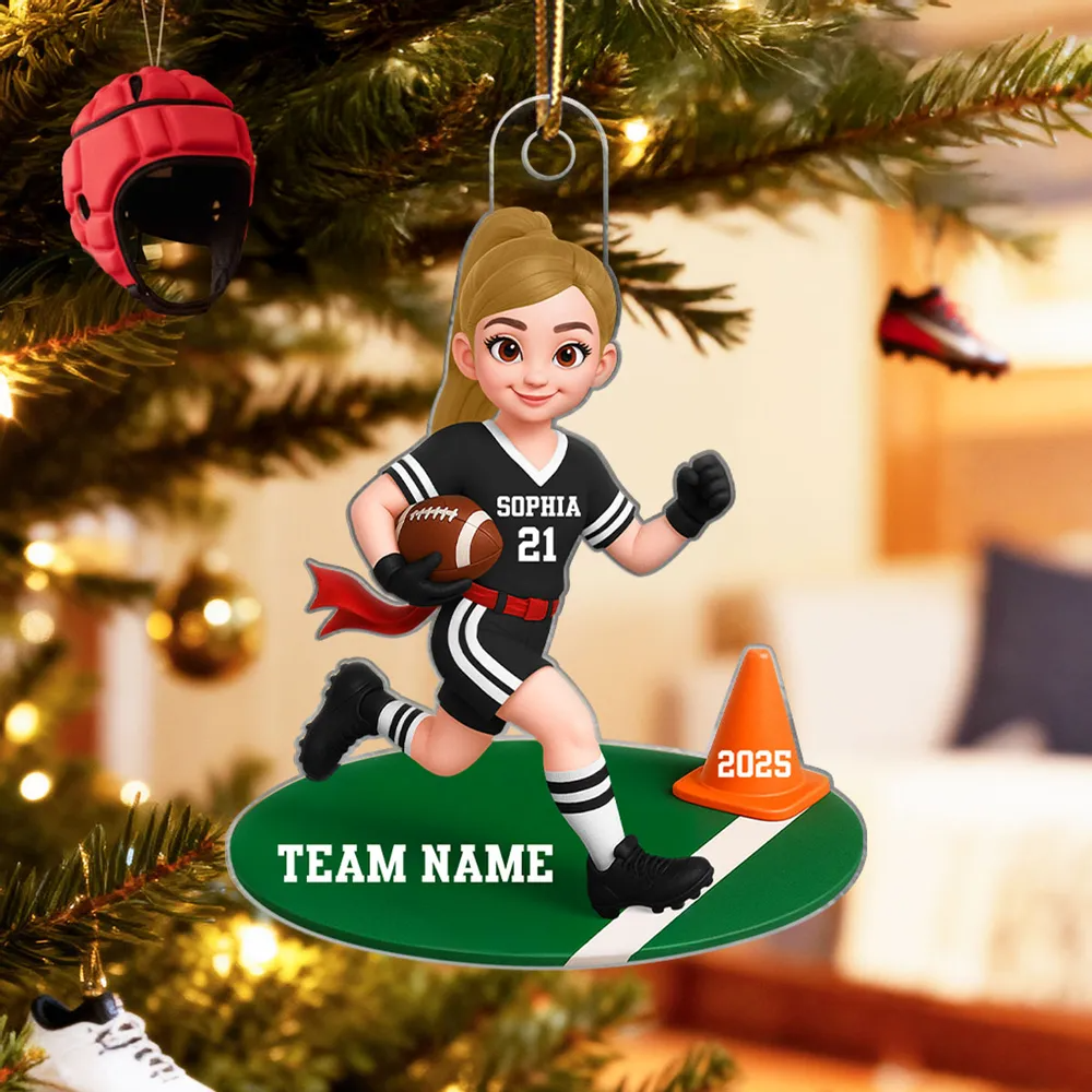 3D Effect Boy Girl Flag Football - Personalized Acrylic Ornament - Christmas Gift for Daughter Son