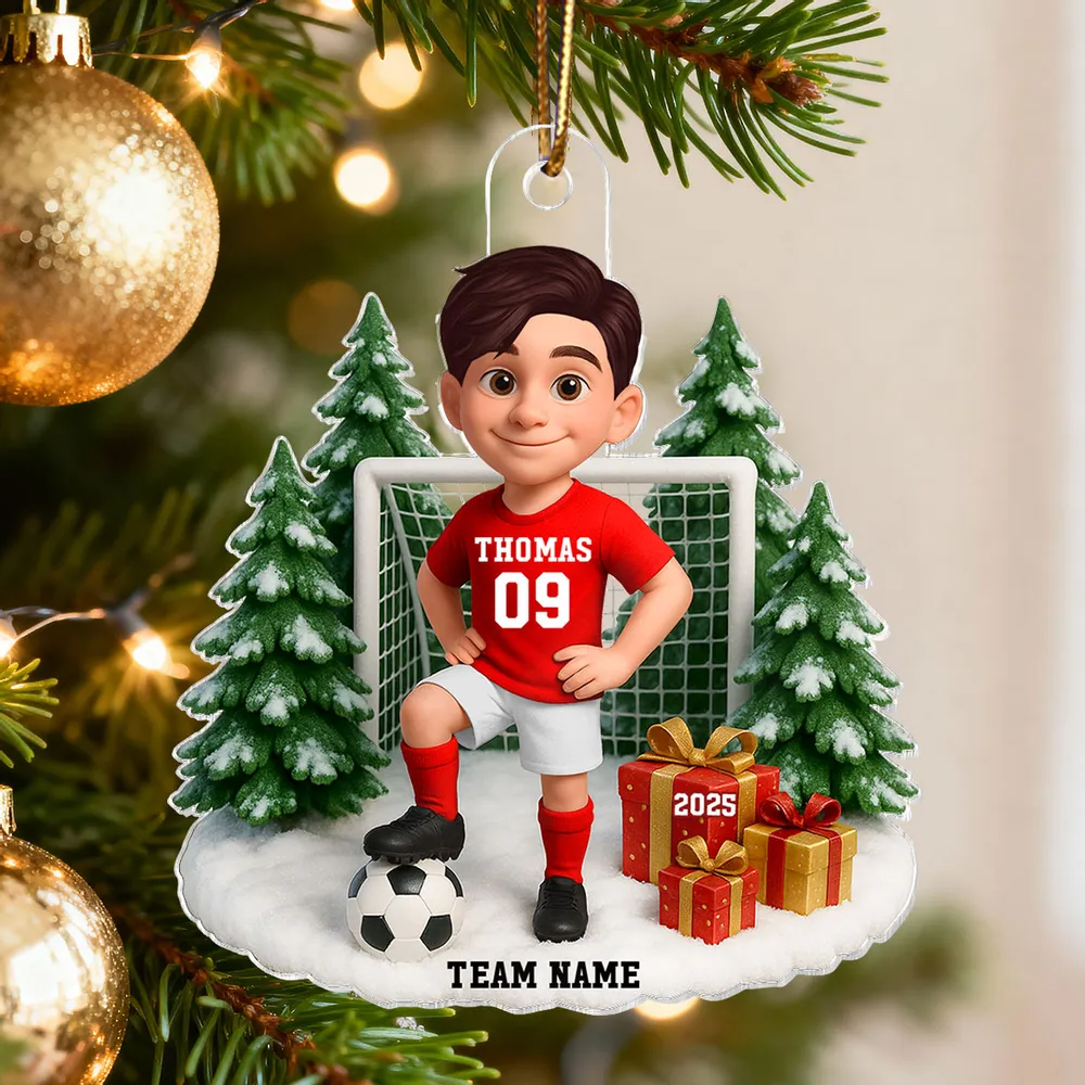 3D Effect Christmas Soccer Player - Personalized Acrylic Ornament - Gift For Soccer Players, School Soccer Team