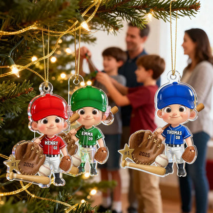 Baseball Player With Baseball Mitt Bat Ball - Personalized Acrylic Ornament - Gift For Kids, Grandkids