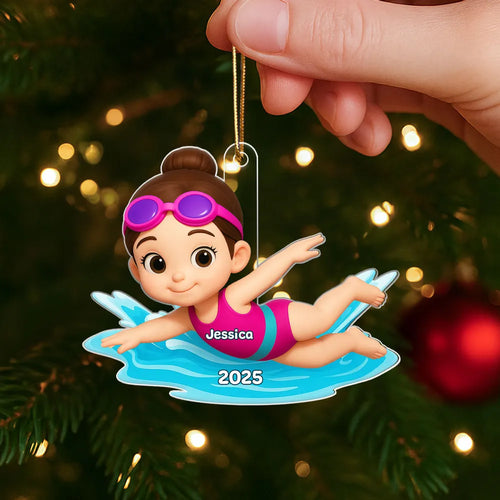 Swimming Boy Girl 3D Effect - Personalized Acrylic Ornament - Christmas Gift for Son Daughter Grandson Granddaughter