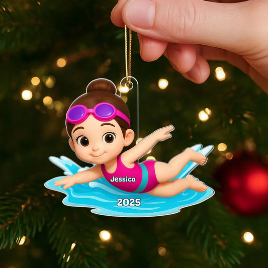 Swimming Boy Girl 3D Effect - Personalized Acrylic Ornament - Christmas Gift for Son Daughter Grandson Granddaughter