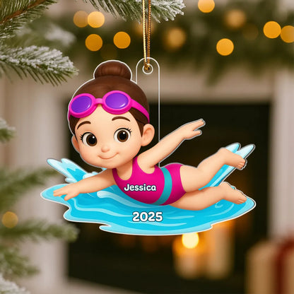 Swimming Boy Girl 3D Effect - Personalized Acrylic Ornament - Christmas Gift for Son Daughter Grandson Granddaughter