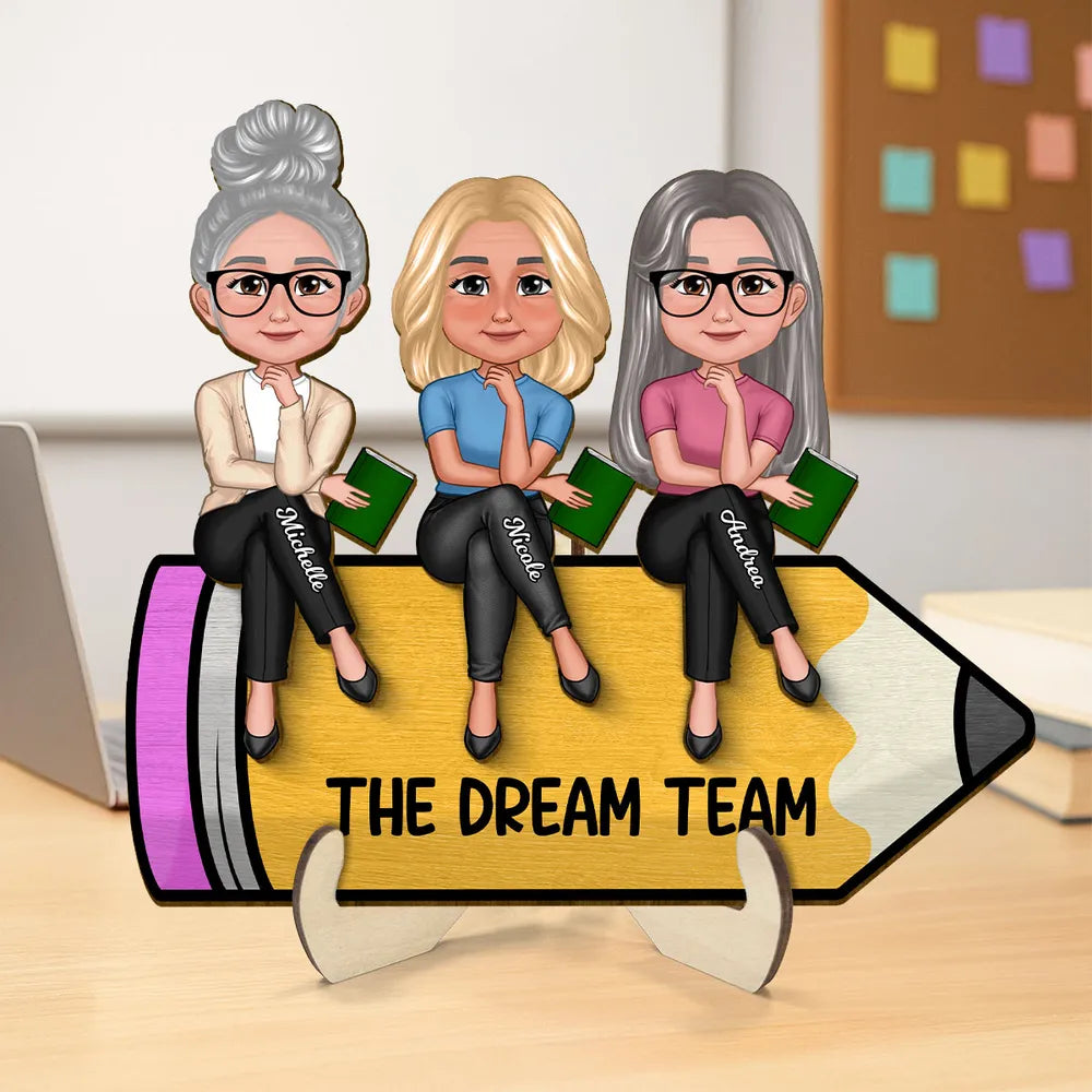 Doll Teacher Best Friends Colleagues Sitting On Pencil Personalized 2-Layer Wooden Plaque, Back To School Gift, Teacher Appreciation Gift, Classroom Decor