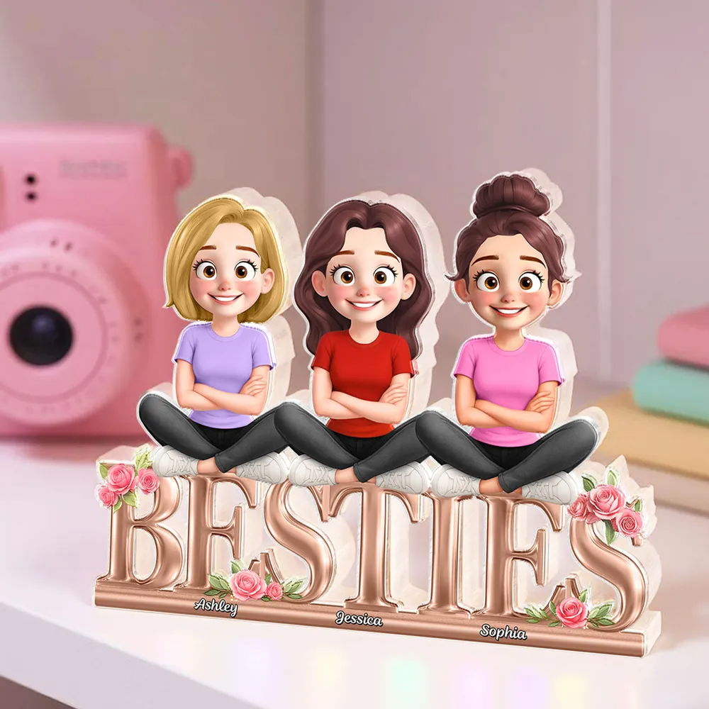 Besties Sisters Sitting On Text 3D Effect Personalized Acrylic Block Plaque