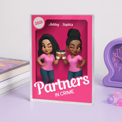 Besties Forever Pink 3D Effect Action Figure Personalized Acrylic Block, Meaningful Gift For Best Friend