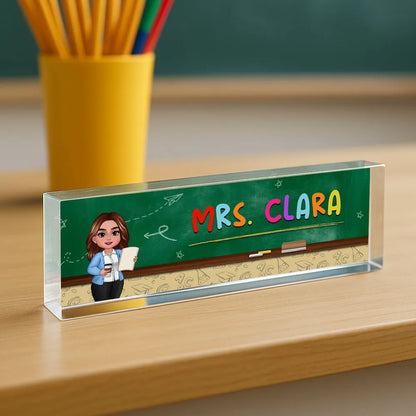 Teacher Green Board Pattern Personalized Acrylic Desk Name Plate, Back To School Gift For Teacher