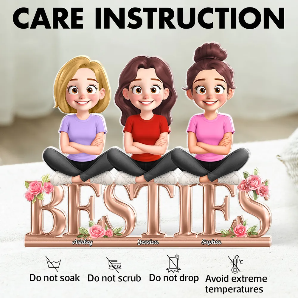Besties Sisters Sitting On Text 3D Effect Personalized Acrylic Block Plaque