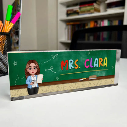 Teacher Green Board Pattern Personalized Acrylic Desk Name Plate, Back To School Gift For Teacher