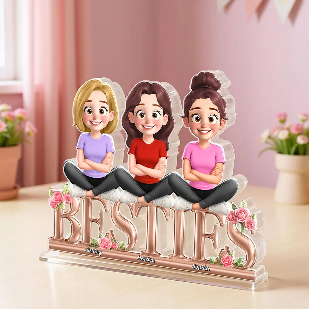 Besties Sisters Sitting On Text 3D Effect Personalized Acrylic Block Plaque