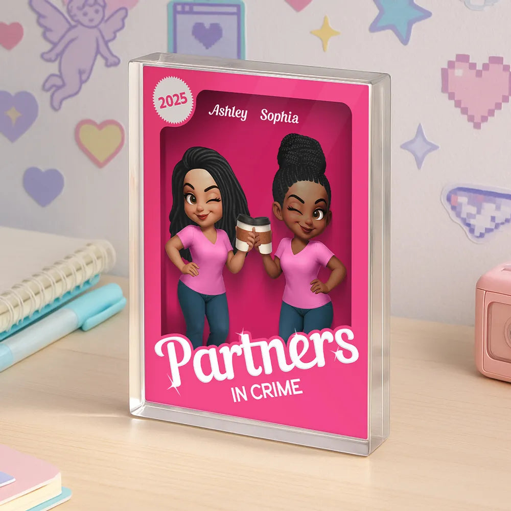 Besties Forever Pink 3D Effect Action Figure Personalized Acrylic Block, Meaningful Gift For Best Friend