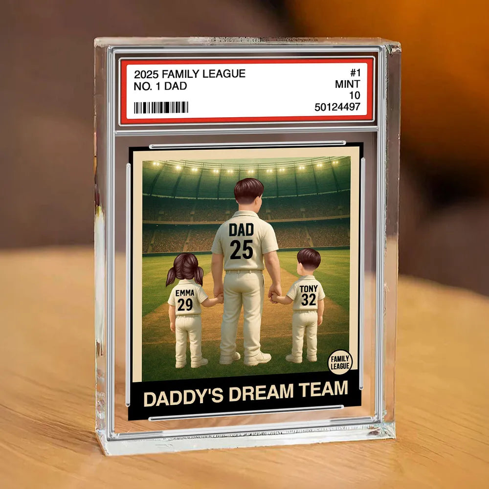Cricket No. 1 Dad Man & Kids Trading Card Style Personalised Acrylic Block Plaque
