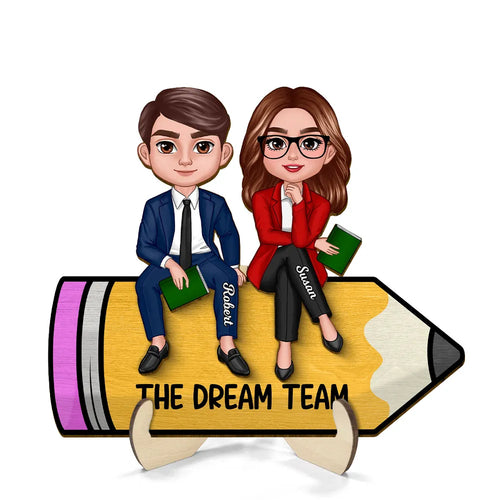 Doll Teacher Best Friends Colleagues Sitting On Pencil Personalized 2-Layer Wooden Plaque, Back To School Gift, Teacher Appreciation Gift, Classroom Decor