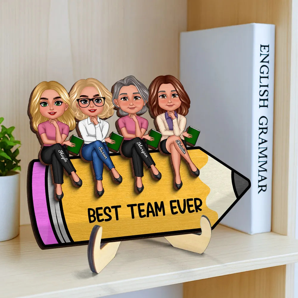 Doll Teacher Best Friends Colleagues Sitting On Pencil Personalized 2-Layer Wooden Plaque, Back To School Gift, Teacher Appreciation Gift, Classroom Decor