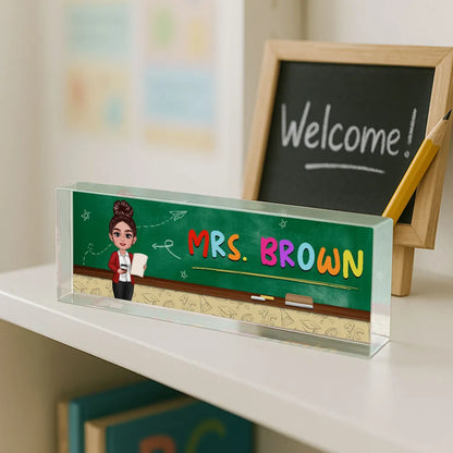 Teacher Green Board Pattern Personalized Acrylic Desk Name Plate, Back To School Gift For Teacher