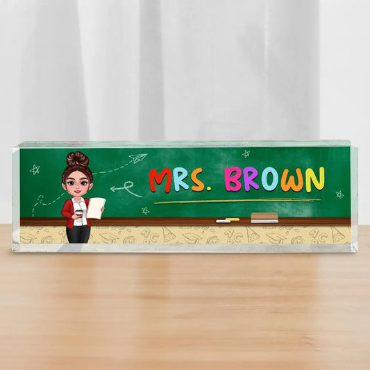 Teacher Green Board Pattern Personalized Acrylic Desk Name Plate, Back To School Gift For Teacher
