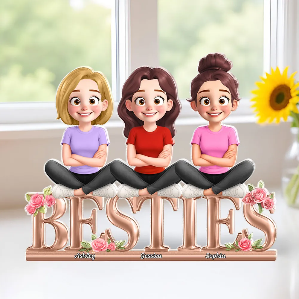 Besties Sisters Sitting On Text 3D Effect Personalized Acrylic Block Plaque
